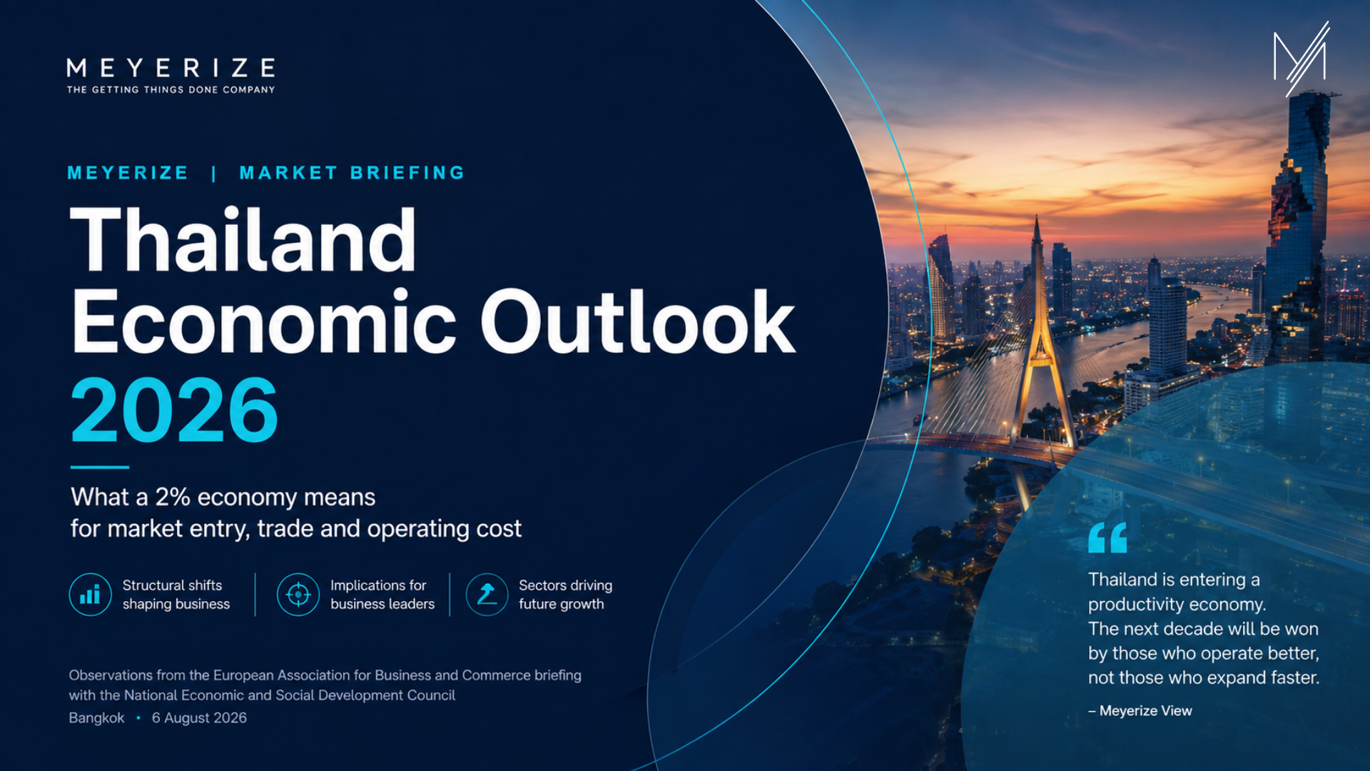 Meyerize market briefing cover: Thailand Economic Outlook 2026, with the Bangkok skyline and Rama VIII bridge at dusk